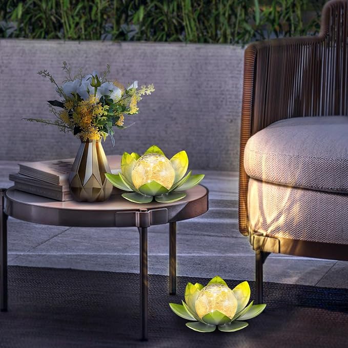 AIINY Garden Solar Light Outdoor(2Pack),Crackle Globe Glass Lotus Decoration, Waterproof Metal LED Flower Lights for Patio,Lawn,Walkway,Tabletop,Ground