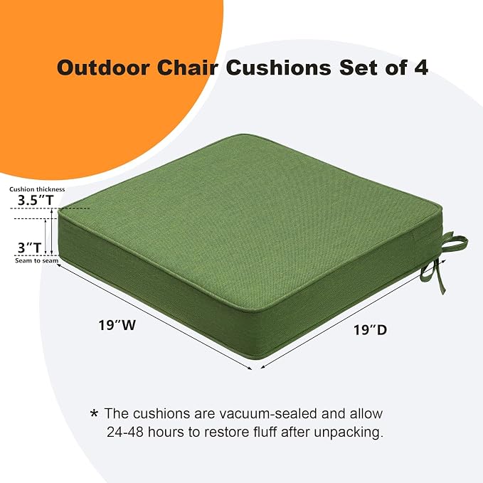 Unimatta Square Corner Seat Cushions, 19" x 19" x 3", Set of 4, Indoor Outdoor Water Repellent Universal Chair Pads with Ties for Patio Furniture, Garden Deck Dining Chairs, Lawn Green