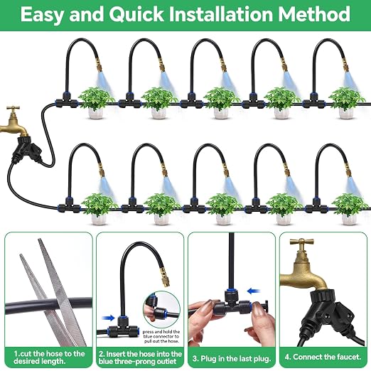 160Ft 1/4" Drip Irrigation System for Garden – 34 Adjustable Copper Nozzles, Automatic Atomizing Sprinkler System for Outdoor Plants Raised Bed, Yard, Potted Plants & Lawn