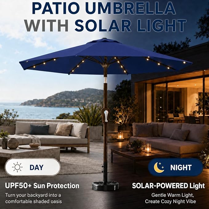 10FT Solar Patio Umbrella with Lights, Outdoor Table Market Umbrella with 32 LED Lights, 8 Sturdy Ribs, Push Button Tilt and Crank for Pool, Deck and Garden, UV-Resistant