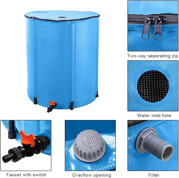 50 Gallon Folding Rain Barrel Water Tank, Portable Water Storage Tank, Rainwater Collection System Downspout, Upgraded Water Catcher Container with Filter (50 Gallon, Blue)