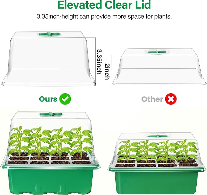Bonviee 5 Packs Seed Starter Tray with Plant Light, Elevated Seedling Starter Trays Kits with Adjustable Humidity Domes and Clear Cell Tray, 12 Full Spectrum led lamp Beads for Plants Indoor-Green