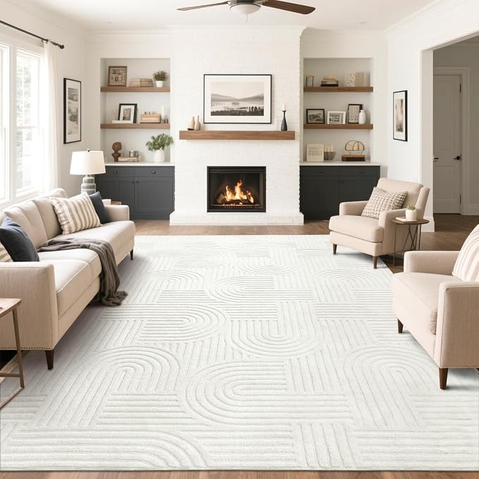 SHACOS Soft Cozy Fluffy Arch Pattern High Low Pile Area Rugs 9'x12' Large Non Slip Washable Modern Geometric Rug Scandinavian Minimalist Carpet for Living Room Bedroom Dining Room, Cream White