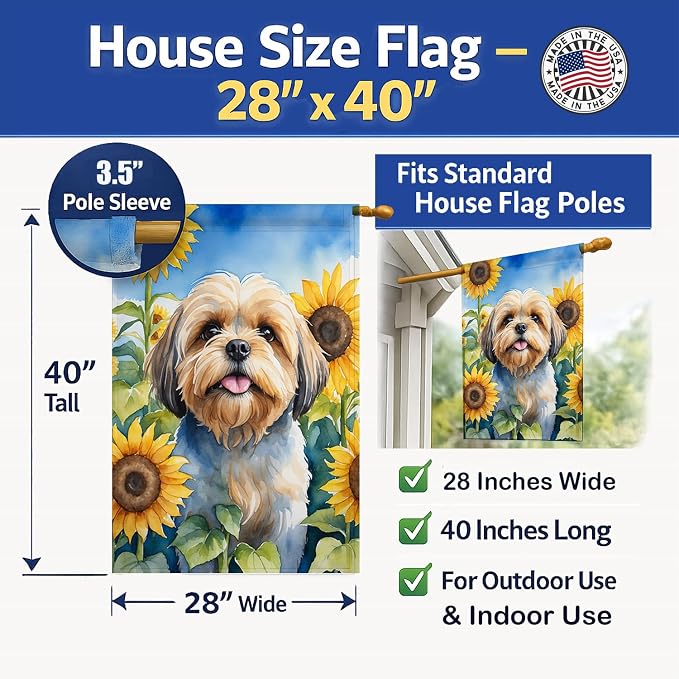 Caroline's Treasures DAC6116CHF Lhasa Apso in Sunflowers House Flag Large Porch Sleeve Pole Decorative Outside Yard Banner Artwork Wall Hanging, Polyester, House Size, Multicolor