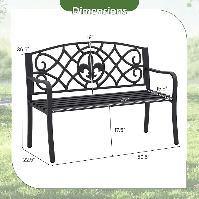 Giantex 50.5” Outdoor Bench with Metal Frame, Floral Design Cast Iron Backrest, Slatted Seat, Adjustable Foot Pads, Load 660Lbs, Garden Bench for Outside Patio Backyard Porch Park, Black