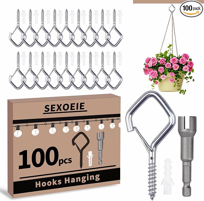 100 PCS Silver Eye Screw Hooks for Hanging Heavy Duty with Safety Buckle.Metal Ceiling Hooks for Hanging Plants Cup Wind Chime Bird Feeders Patio Lights At Indoor&Outdoor