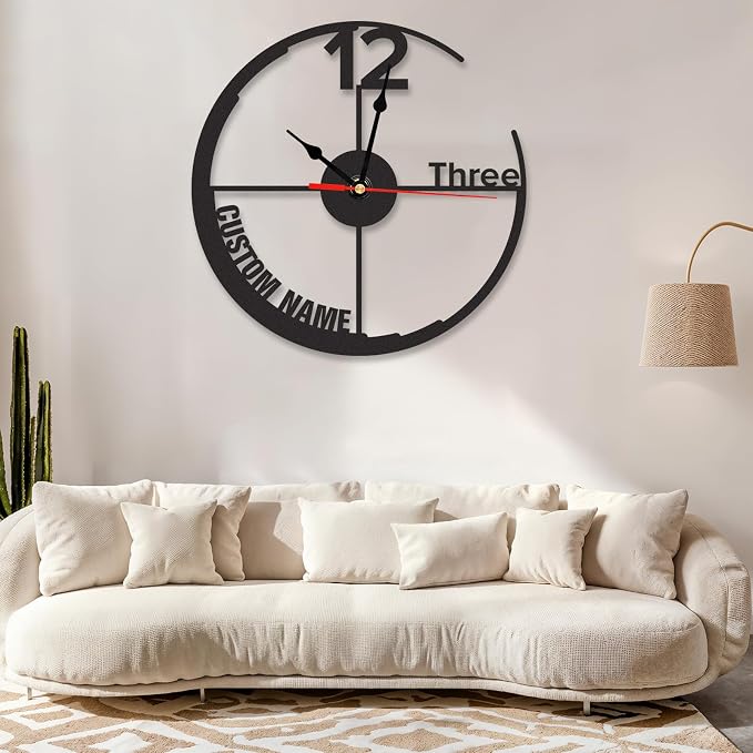Personalized Outdoor Wall Clock, Custom Name Silent Non Ticking Clock, Battery Operated, Waterproof Modern Black Metal Wall Clocks for Patio, Pool, Garden, Living Room Decor, Housewarming Gift