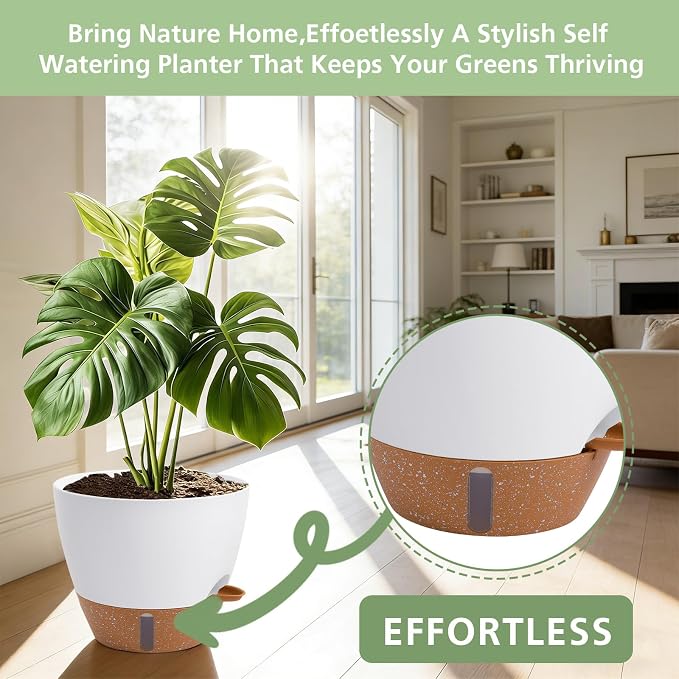 Self Watering Pots with Water Level Indicator, 12" 10" 9" 8" Large Plastic Flower Pots with Mesh Drainage Hole and Removable Saucer Reservoir for Indoor Outdoor Plants (White)