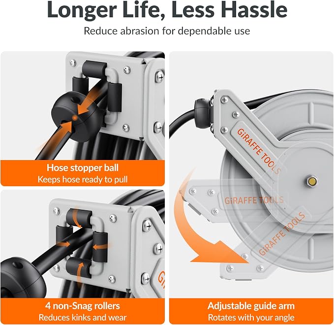 Giraffe Tools Retractable Pressure Washer Hose Reel 65ft, 2600PSI | Pressure Hose Reel, Wall/Floor Mounted