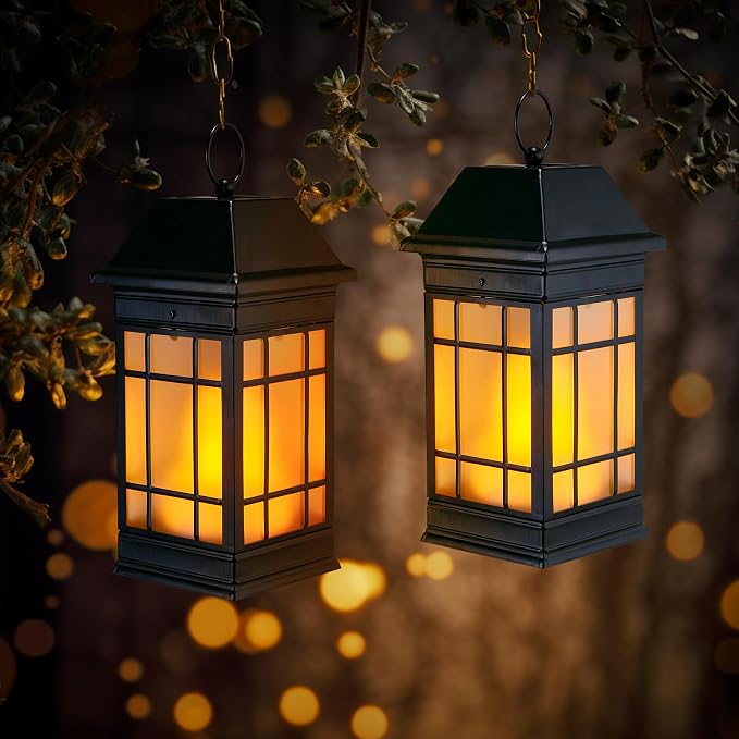 15.5" Solar Lantern Outdoor Waterproof, Glass Flickering Flame Solar Lanterns, Hanging Metal Lantern Decorative for Patio Front Porch Garden Backyard Tabletop Mothers Day Gifts Mom