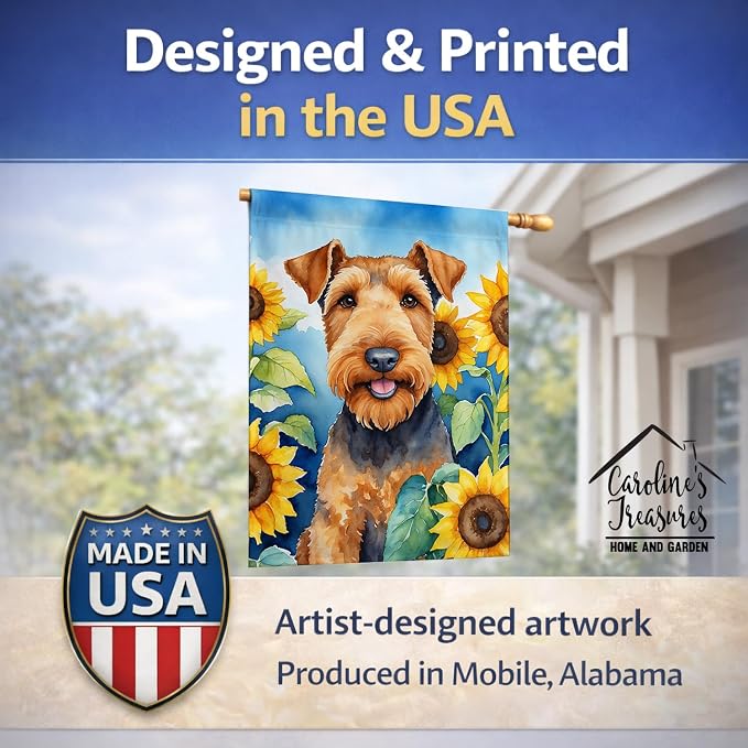 Caroline's Treasures DAC6002CHF Airedale Terrier in Sunflowers House Flag Large Porch Sleeve Pole Decorative Outside Yard Banner Artwork Wall Hanging, Polyester, House Size, Multicolor
