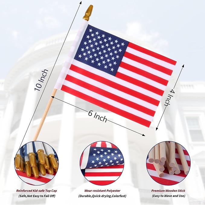 HOOSUN 50 Pcs Small American Flags On Stick,4th of July Decorations Small USA Flag On Stick,Mini 4''x6'' American Flags for Outside,Fourth of July Flag for Yard Lawn,Patriotic Memorial Day Decorations