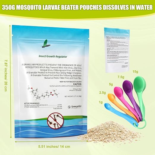 Mosquito Larvae Pouches Dissolves in Water with Measuring Spoon Treats Up to 46200 Gallon 4.25% S-Methoprene IGR Biological Control Won't Harm Fish Bird EPA Certified Rain Bath Pool 350g