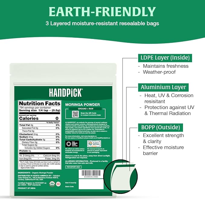 HANDPICK USDA Organic Moringa Powder (397g/14oz) Pure Moringa Oleifera Leaf Powder | Authentic Indian Origin | Gluten Free, Non-GMO | Perfect for Smoothies, Drinks, Tea & Recipes (Packaging may vary)