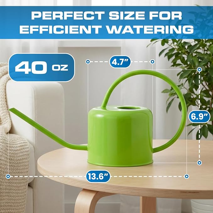 Plexon Long Spout Watering Can Indoor Plants, 40 oz Small Watering Can Pot Metal for Garden Flowers House Plants Mini, Powder Coated,Gift for Mom Girlfriend Daughter, Green