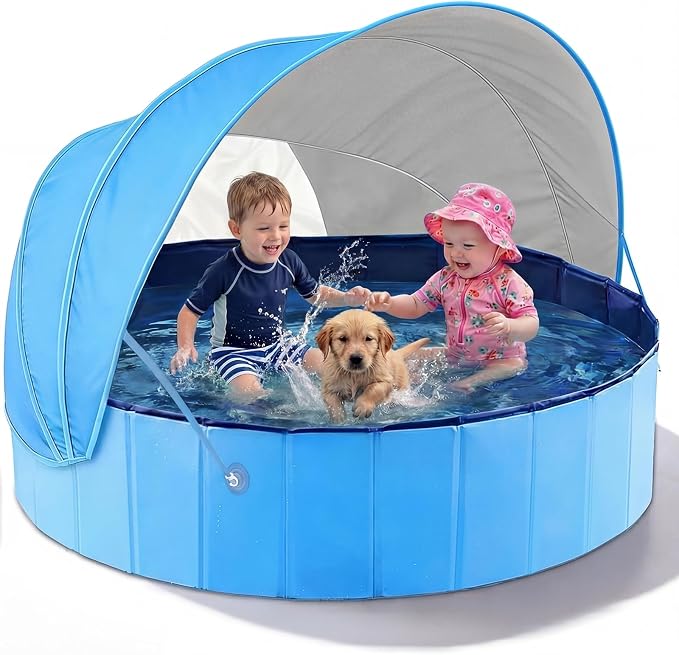 Jasonwell Kiddie Baby Pool with Canopy - Foldable Infant Toddler Kids Pool with Shade Baby Beach Essentials Tent Swimming Wading Pools for Toddlers 1-3 + Kids Dogs Ball Pit Backyard Water Play B, 48"