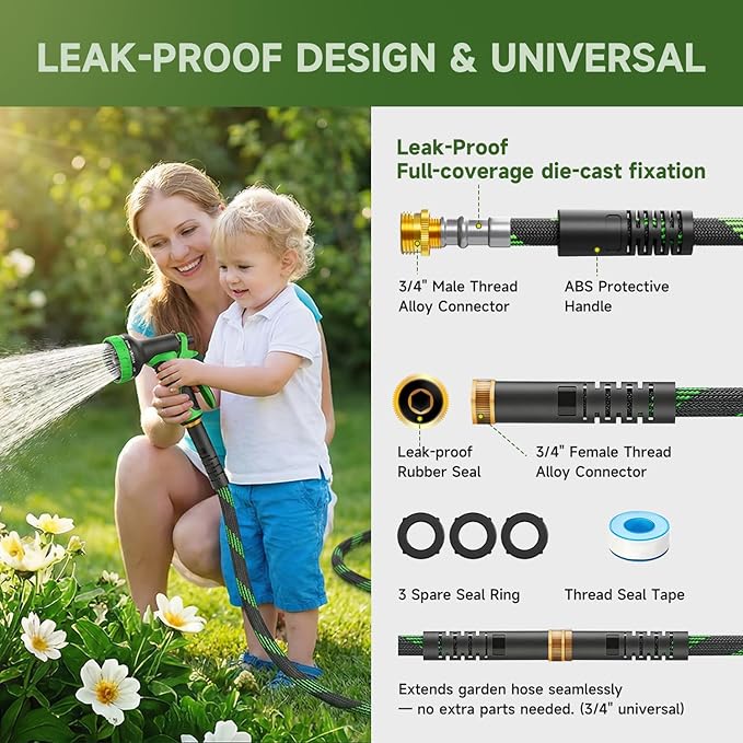 Non-Expandable Garden Hose 100 FT, Heavy-Duty & Flexible Water Hose with 10-Function Nozzle, Kink-Free & Leak-Proof Design, Ultra Lightweight Portable Yard Hose for Lawn, Car, Outdoor Use