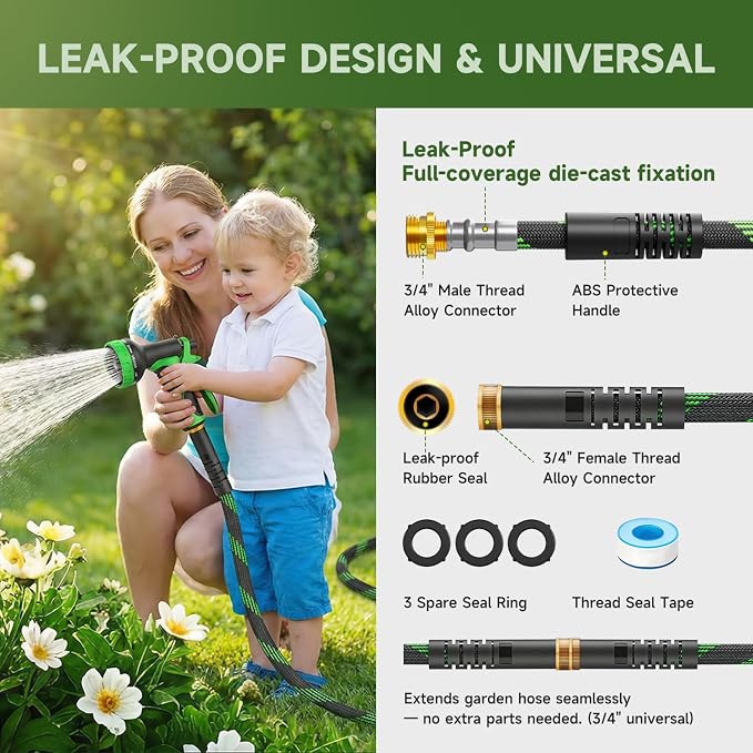 Non-Expandable Garden Hose 50 FT, Heavy-Duty & Flexible Water Hose with 10-Function Nozzle, Kink-Free & Leak-Proof Design, Ultra Lightweight Portable Yard Hose for Lawn, Car, Outdoor Use