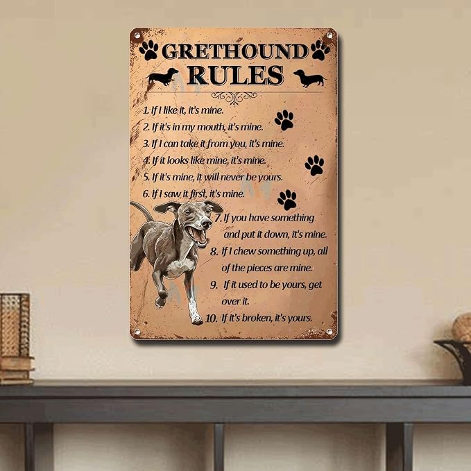 Metal Sign Tin Sign Vintage Wall Art Grethound1 Rules Funny Gardening Gift for Pub 6×8 Inches