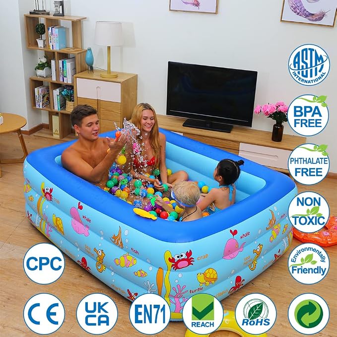 Inflatable Pool with Inflatable Soft Floor, Kiddie Pool 59" x 43" x 20" Ocean World Kids Swimming Blow Up Pool for Kids, Backyard, Garden, Outdoor, Party