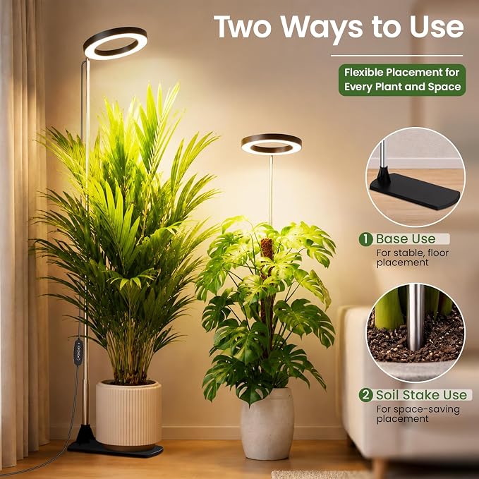 LBW Grow Lights for Indoor Plants, 6.3" Full Spectrum Plant Light with Base, 59" Height Adjustable Grow Lamp, 6/8/12/16H Auto Timer, 3 Light Color, 5 Dimmable Level, for Tall Large Plant, Black,1 pack