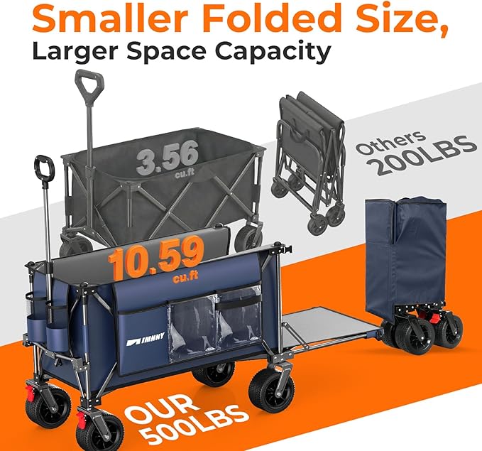 Collapsible Wagon with Tailgate, 55" Expandable 300L All-Terrain | 500 Lbs Heavy Duty, Utility Folding Wagon, 7"×4" Wheel, 360° Swivel & Brakes, Long Item Storage,Beach, Camping, Gardening