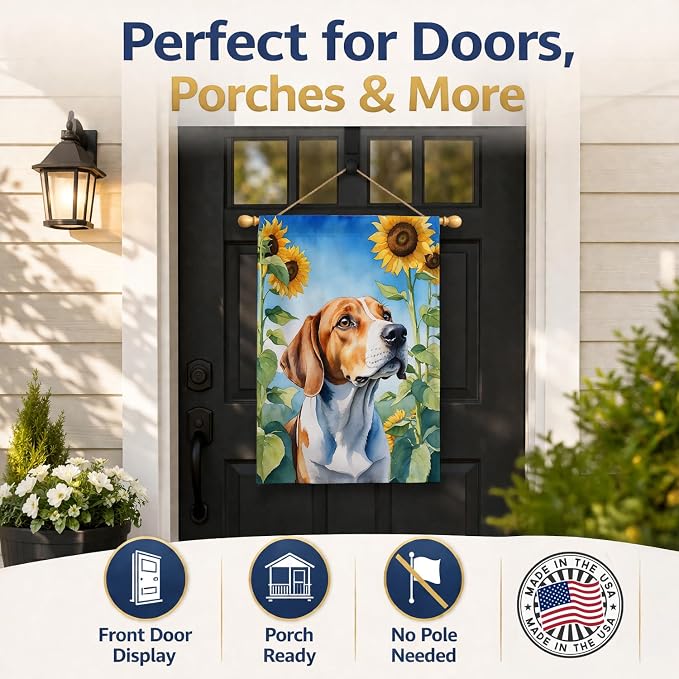Caroline's Treasures DAC6074CHF English Foxhound in Sunflowers House Flag Large Porch Sleeve Pole Decorative Outside Yard Banner Artwork Wall Hanging, Polyester, House Size, Multicolor