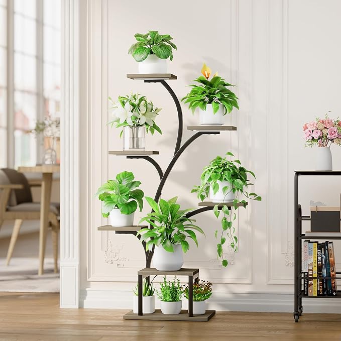 BACEKOLL Plant Stand Indoor with Grow Lights, 7 Tiered Indoor Plant Shelf, 49" Corner Plant Stands for Indoor Plants, Metal Plant Flower Display Shelf, Tree-Shaped Plant Rack for Home, Patio, Grey