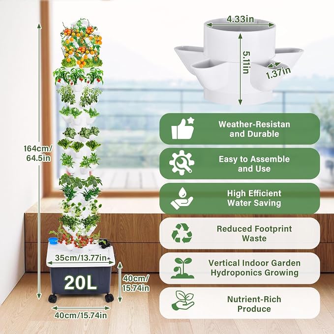 Vertical Hydroponic Grow Tower, 14-Layer 70 Slots Indoor Garden Tower with Movable Water Tank Hydrating Pump, Adapter Hydroponics Growing System Kit for Leafy Vegetables, Strawberries