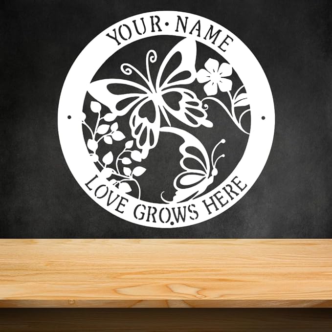 CFC0121313 Butterfly Garden Signs Metal, Butterfly Signs to Personalize, Outdoor Decor, Custom Name Text Garden Plaques Decorations for Potting Shed Mom Grandma