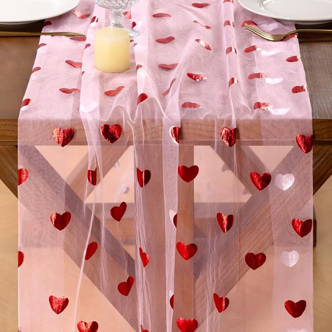 Socomi Valentine's Day Red Heart Table Runner Gauze Sheer Romantic Sequin 10FT Glitter Metallic Foil Dining Wedding Birthday Party Baby Shower Holiday Centerpiece Table Decor 3pcs Pink