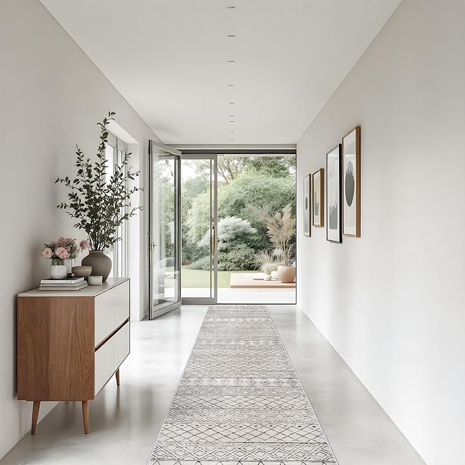 3x20 Washable Extra Long Runner:Hallway Runner Rug Geometric Grey | Low Pile Runner Rugs with Rubber Backing Floor Mat Non Slip Moroccan Indoor Carpet for Kitchen Bedroom Entryway