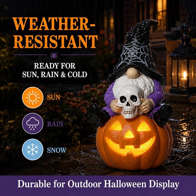 Solar Halloween Gnome Statue Outdoor Decor Lighted Pumpkin Garden Figurine | Halloween Yard Decoration for Patio Lawn Entryway Solar Gnome Statue Outdoor Decor Lighted Pumpkin Skull Garden Figurine