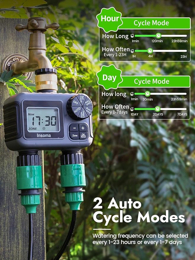 Insoma Hose Timer 2 Zones Brass Inlet, Water Timer for Garden Hose, Sprinkler Timers with Rain Delay/Manual/Auto Mode, Faucet Timers 2 Outlet for Garden Watering, Lawn, Yard