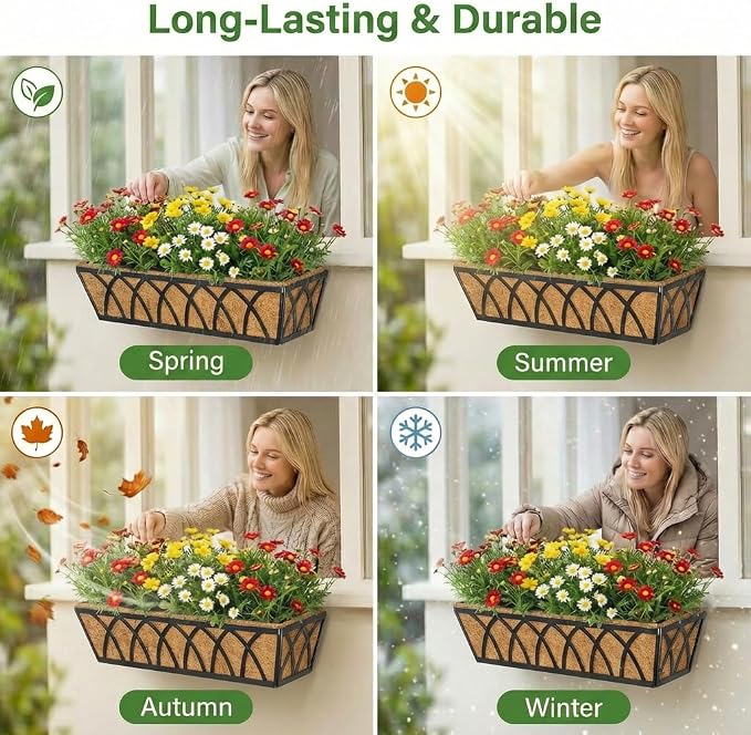Y&M Hanging Railing Planter Boxes 2 Pack, 24 Inch Adjustable Balcony & Deck Planter, Heavy Duty Metal Flower Box for Porch, Fence & Window, Outdoor Plant Holder