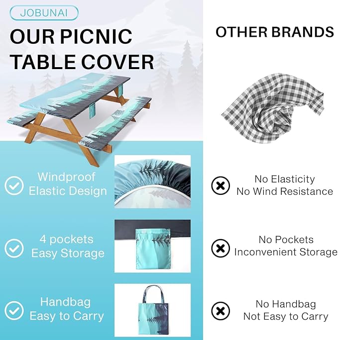 Jobunai Fitted Picnic Table Cover with Bench Covers Elastic Waterproof Outdoor Camping Tablecloth for 6 Foot Rectangle Tables Camper Summer Accessories Rv Car Essentials Vacation Gifts for Women Men