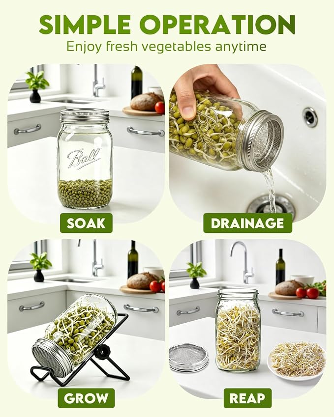 Seed Sprouting Jar Kit & Green Onion Regrower – 6 Regular Mouth Mason Jars with Stainless Steel Sprout Lids, Stand, Drain Tray & Blackout Sleeves – Grow Broccoli, Alfalfa, Mung Beans & Microgreens