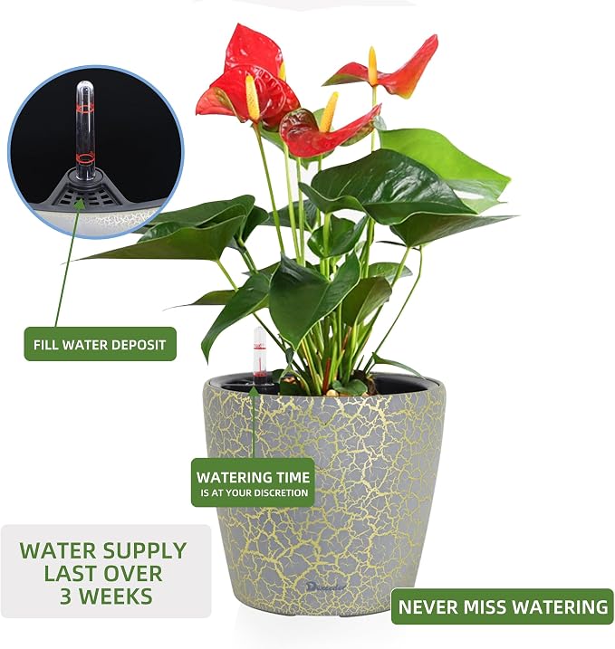 Dexceder 11x10 Self Watering Planter (Grey Gold Crackle) | Inner Pot Design, Thickened Table Flower Plant Pot with Water Level Indicator Indoor Outdoor