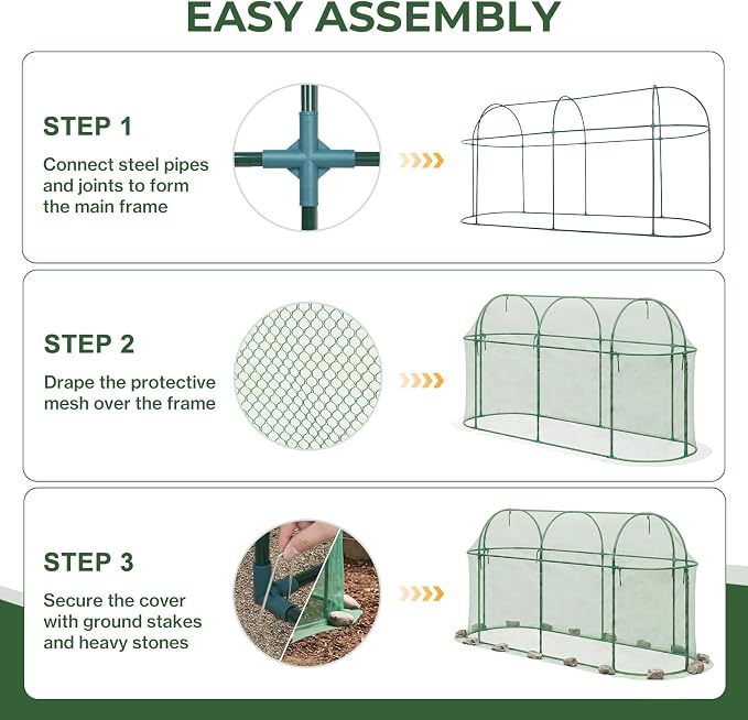 Aoodor 10 x 3 x 5 Ft Plant Protection Grow Tent Arched Roof Crop Cage with Side Netting Zippered Door for Protect Plants, Herbs, Fruits, Green