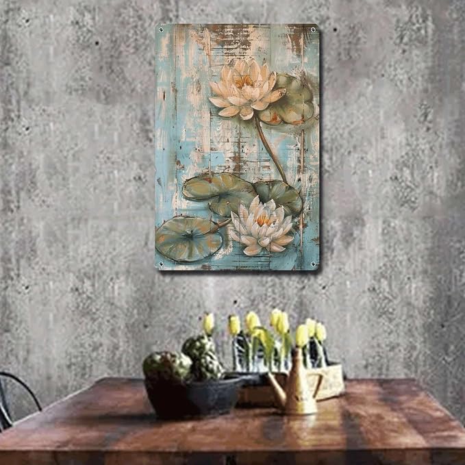 Metal Sign Tin Sign Vintage Wall Art Shabby Chic Water Lilies Tin Sign for Antique Pond Serenity Rustic Wall Art and Distressed Wood P Bathroom Signs for Home for Pub 12×16 Inches
