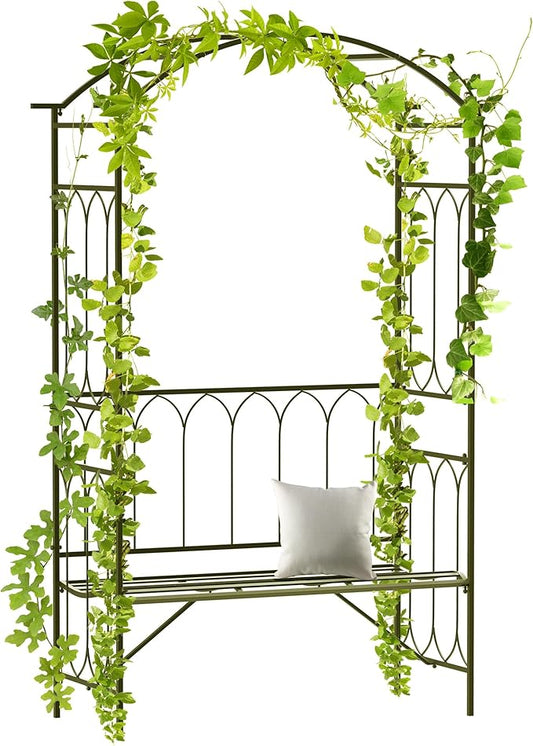 Outsunny Metal Trellis Arbor Arch for Climbing Plants with Garden Bench, Grow Grapes & Vines, Patio Decor & 2-Person Outdoor Steel Decorative Seating, 484 lbs. Weight Capacity, Black