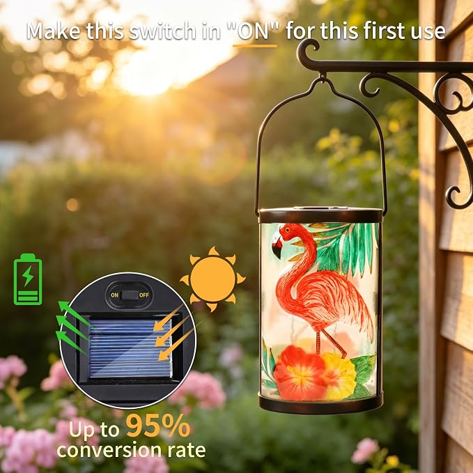 Hanging Solar Lantern Outdoor Waterproof Flamingo Solar Lights Glass Tabletop Decorative Lamp for Outdoor Patio Garden Outside Yard Decor