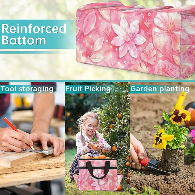 Rose Red flower Gardening Tool Bag,Heavy Duty Garden Tote Bag,Portable Oxford Gardening Storage Basket Organizer Handbag with Pockets Handle,Hand Tools Gifts for Outdoor Garden Lawn
