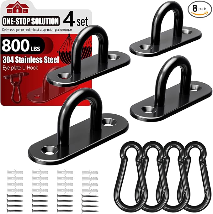 sprookber 304 Stainless Steel Pad Eye Snap Hooks, M6 Heavy Duty Ceiling Hooks, 800 lb Capacity Hammock Swing Hanging kit, Plant Hangers, Marine Hardware Staple Hook Loop with Screws, Set of 8(Black)
