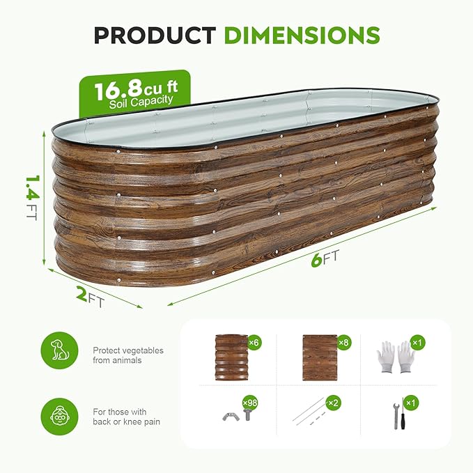 Galvanized Raised Garden Bed Outdoor- 2PCS 6x2x1.4ft Oval Steel Raised Beds for Gardening, Metal Planter Box with Protective Strip and Gloves for Vegetables, Flowers, Fruits(Brown)