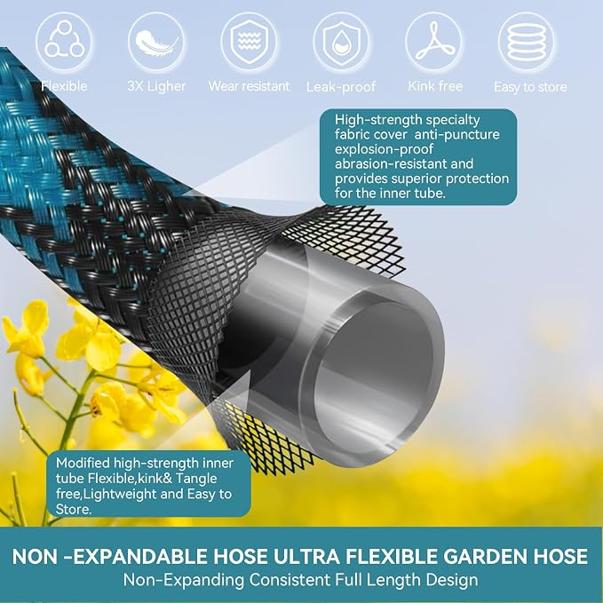 Garden Hose 50 FT NON-EXPANDABLE Water Hose Flexible Garden hose & Ultra Lightweight Hose with 10-Pattern Garden Hose Nozzle High-Strength Special Cloth Cover with 3/4" Brass fitting for Garden