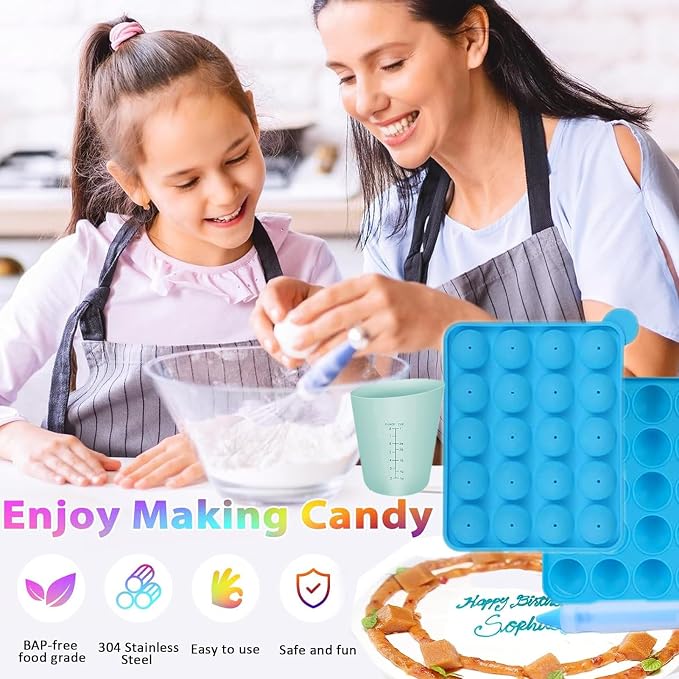 606Pcs Cake Pop Kit,Silicone Lollipop Molds Including Lollipop Sticks,Measuring Cup,Treat Bags,Twist Ties,Decorating Pen,Meat Baller with Handles,Round Mold,Lollipop, Candy,Display Stand Holder(Blue)