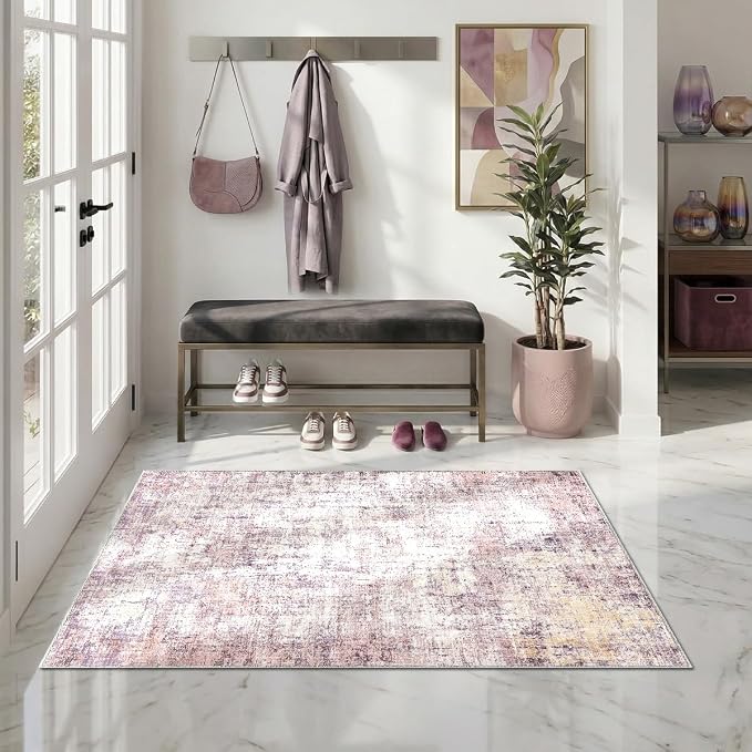 Abstract Area Rug 3x5 Ft Washable Rugs for Entryway Indoor | Pink Non Slip Kitchen Rug Printed Faux Wool Throw Rugs, Neutral Modern Indoor Mat for Entrance Bedroom Office Home Decor