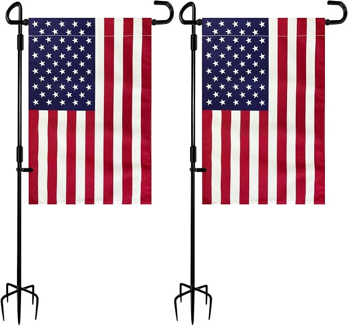 TOPFLAGS 2 Pack Garden Flag Stand with American Flag Garden Flag Heavy Duty Metal Yard Flag Holder Pole Stake Small Flag Stands for Garden Flags 12 x 18 with Clips and Stopper