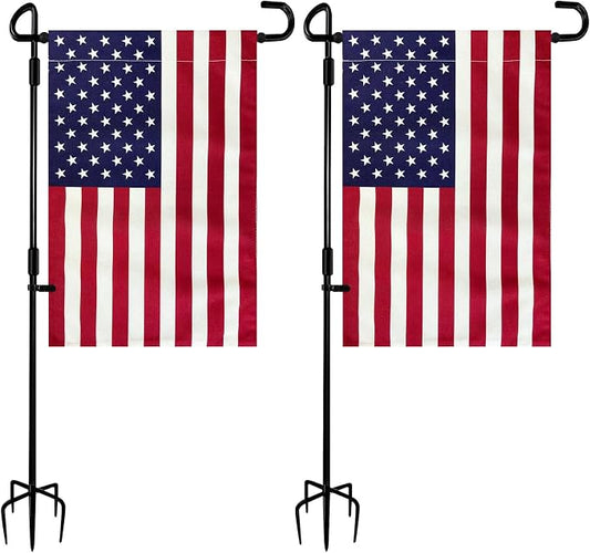TOPFLAGS 2 Pack Garden Flag Stand with American Flag Garden Flag Heavy Duty Metal Yard Flag Holder Pole Stake Small Flag Stands for Garden Flags 12 x 18 with Clips and Stopper